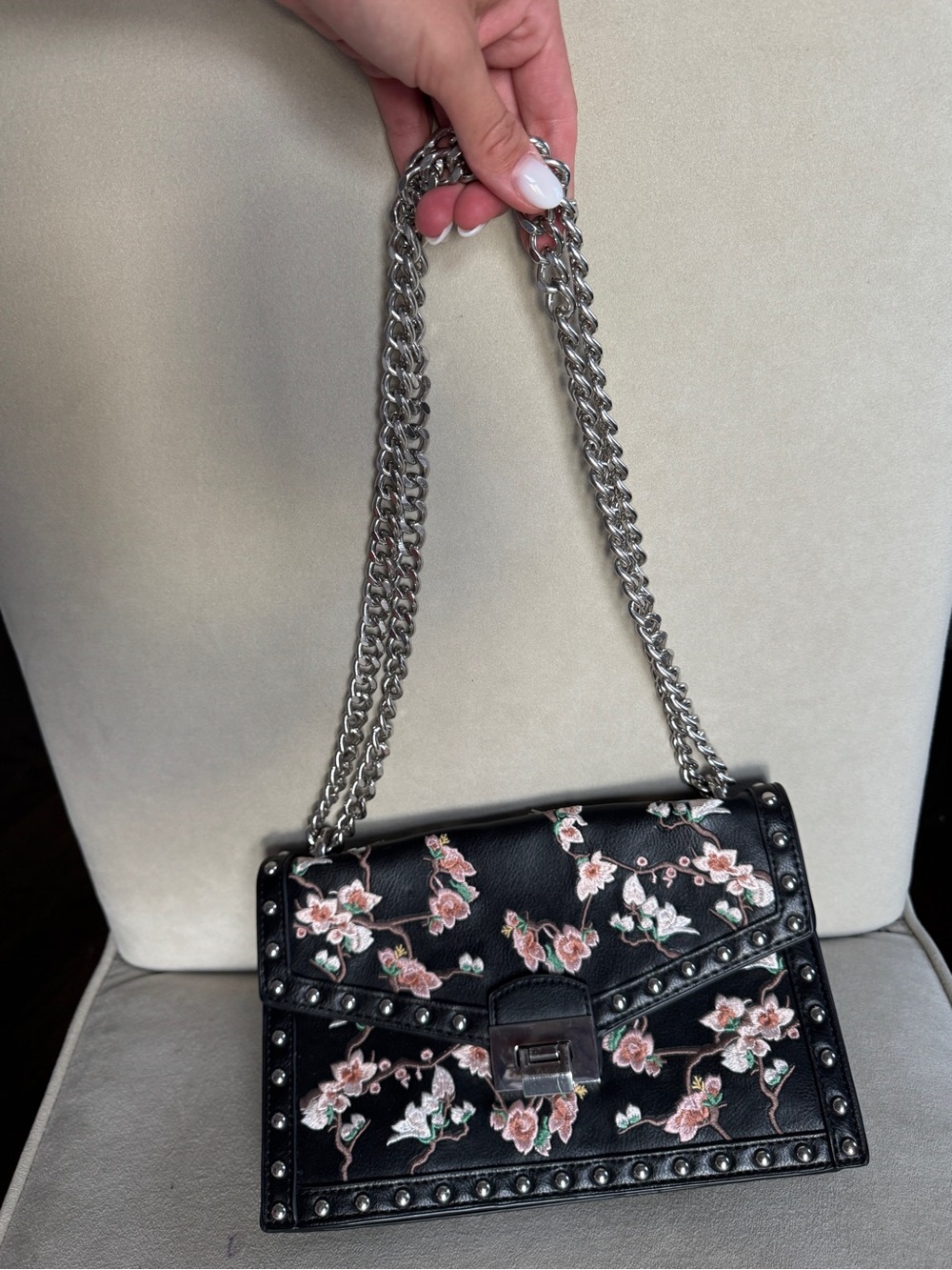 Mango Black Shoulder Bag with Pink Floral Embroidery